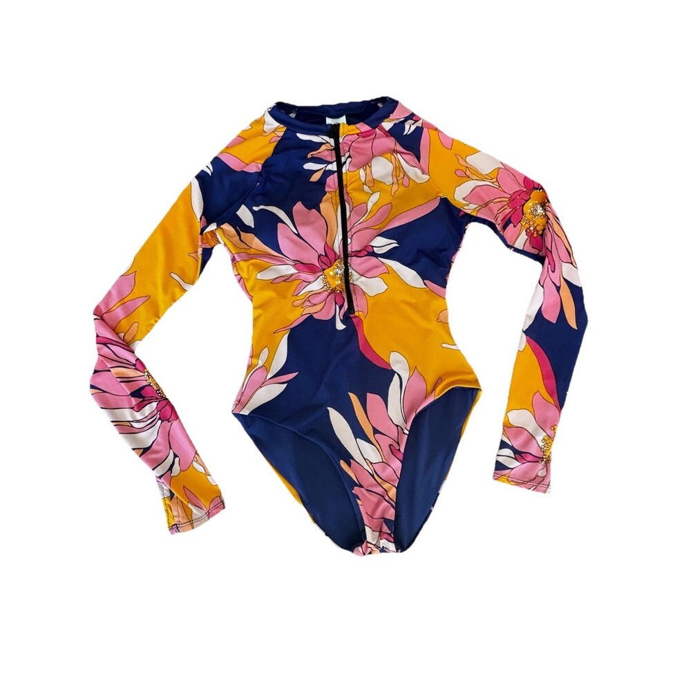 Trina Turk One Piece Swimsuit Paddle Suit Rash Guard Floral Womens Sz Medium M